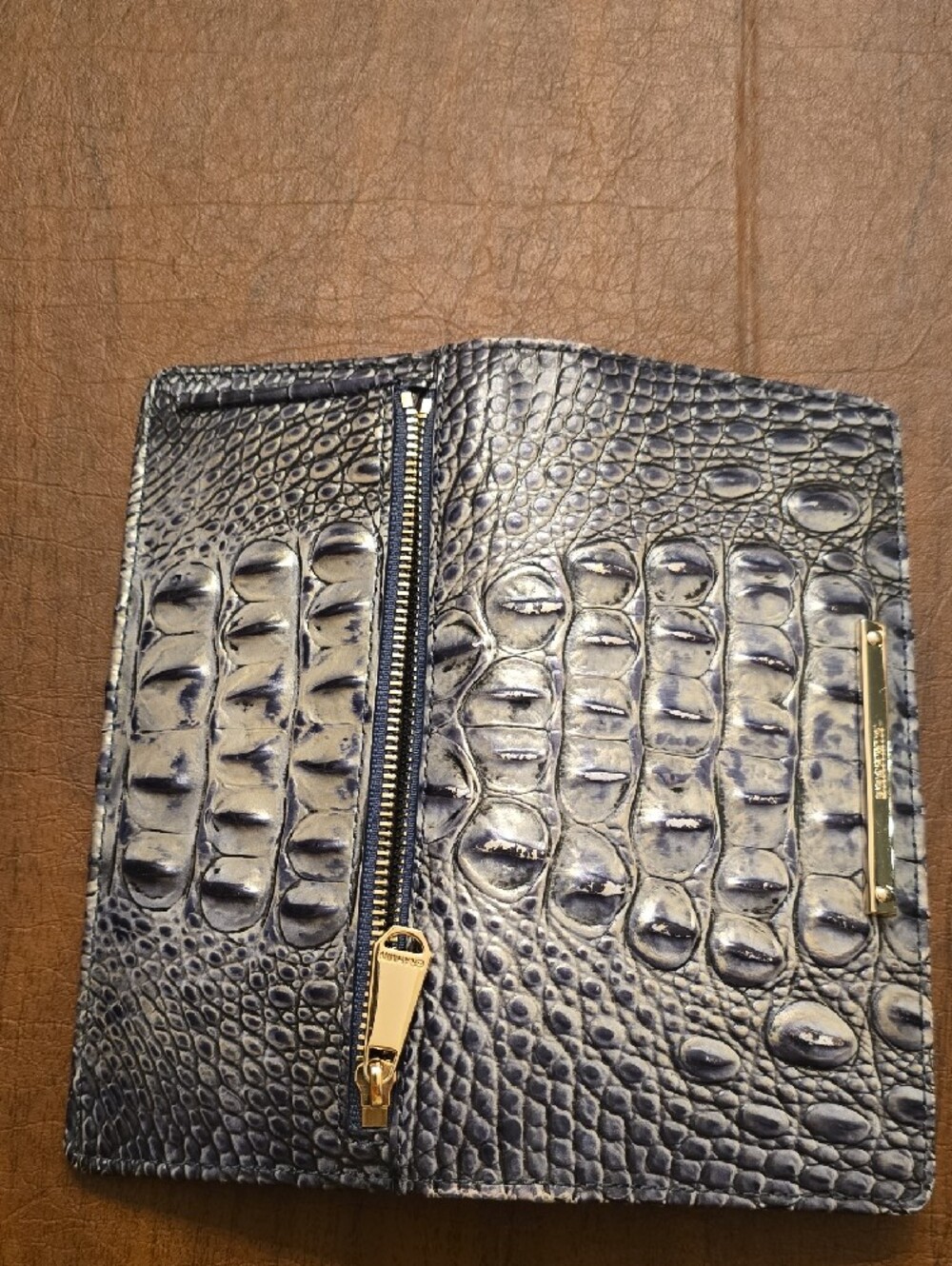 Brahmin Metallic Gray And Blue Croc-Embossed Wallet with Gold Plate - Picture 16 of 16